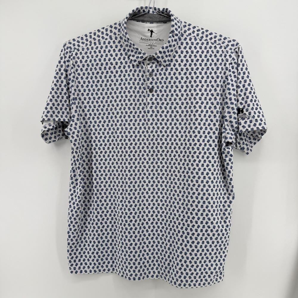 AndersonOrd Polo Shirt Mens 2XL White Flip Flop Print Polyester Stretch Golf